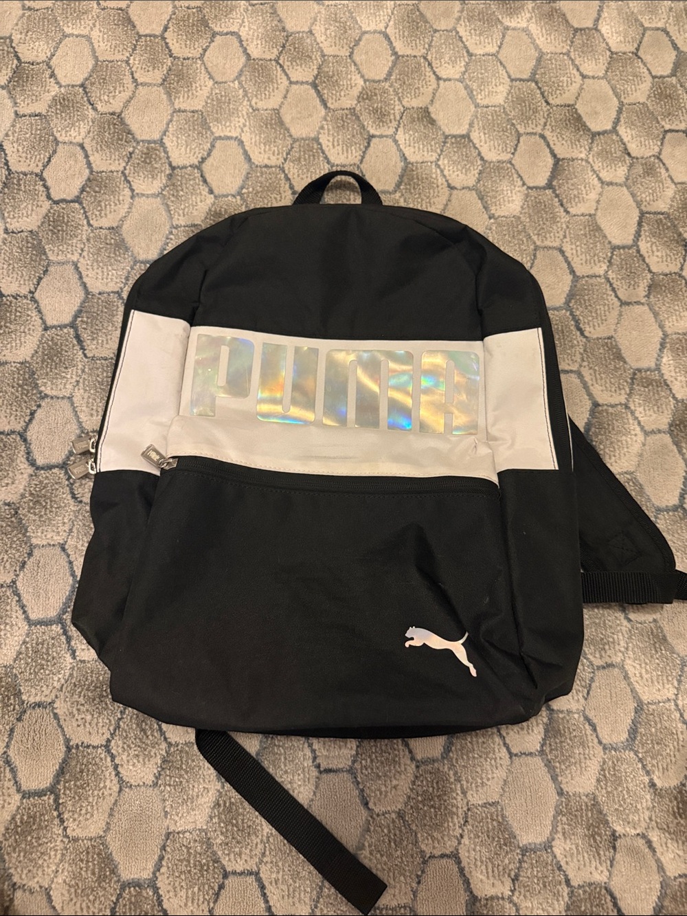 Puma Black Backpack with White Panels and Holographic Logo Accent